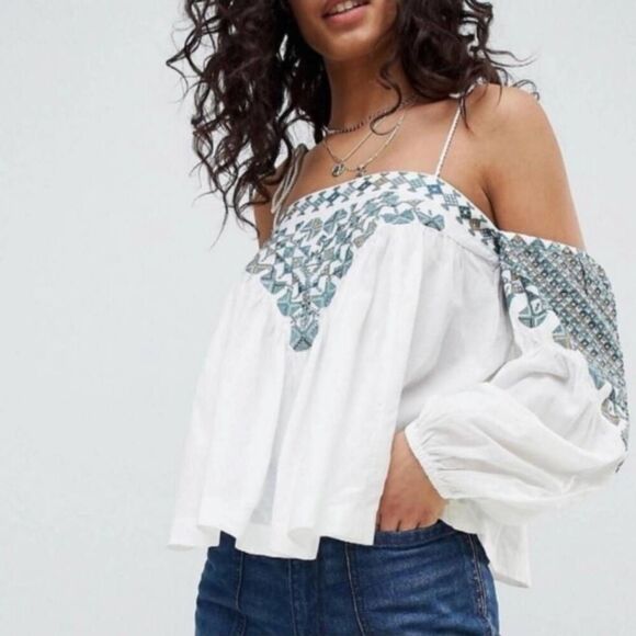 Free People Vacay Vibin Embroidered Off Shoulder Tie Spaghetti Strap Top Sz XS - Picture 1 of 10